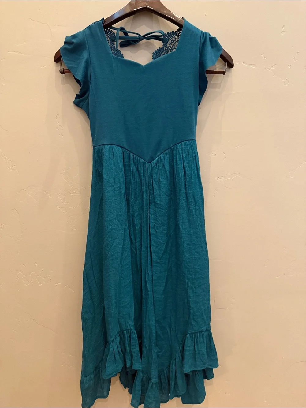 Joyfolie Teal Lace-Back Ruffle-Hem Dress